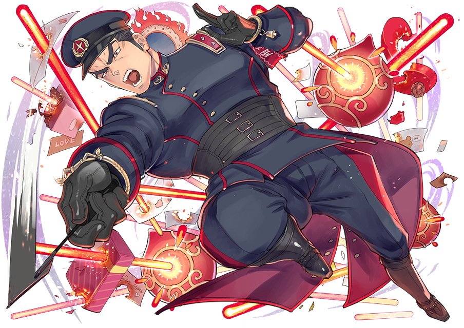 1boy aizen_(tokyo_houkago_summoners) alternate_costume bara black_hair chest dynamic_pose facial_mark forehead_mark full_body hat kijimahyogo looking_at_viewer male_focus official_art open_mouth pants police police_uniform red_eyes shoes solo tokyo_houkago_summoners uniform