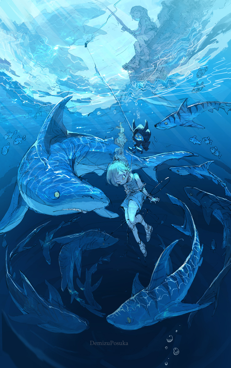 2girls air_bubble artist_name blonde_hair blue_theme bound bubble caustics cloak closed_eyes demizu_posuka demon_horns dock dress fish fishing fishing_hook floating_hair frown horns long_hair multiple_girls muted_color original red_eyes reflection shark sitting sleeveless sleeveless_dress underwater