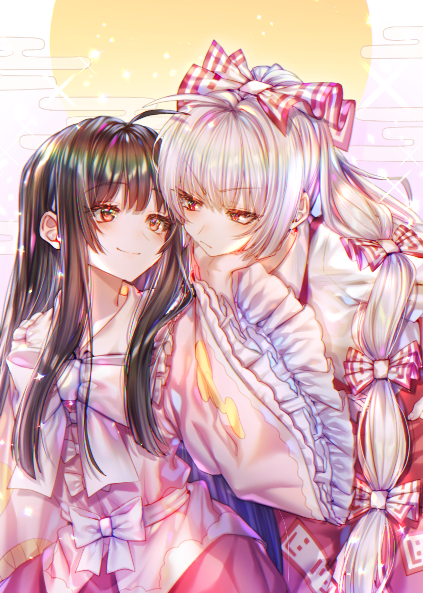 2girls ahoge annoyed black_hair bow brown_hair closed_mouth frilled_sleeves frills fujiwara_no_mokou hair_ribbon half-closed_eyes hand_on_another's_face here_(hr_rz_ggg) high_ponytail hime_cut houraisan_kaguya light_smile long_hair looking_at_another moon multiple_girls orange_eyes ponytail red_eyes ribbon sidelocks silver_hair touching touhou tress_ribbon very_long_hair white_bow wide_sleeves yuri