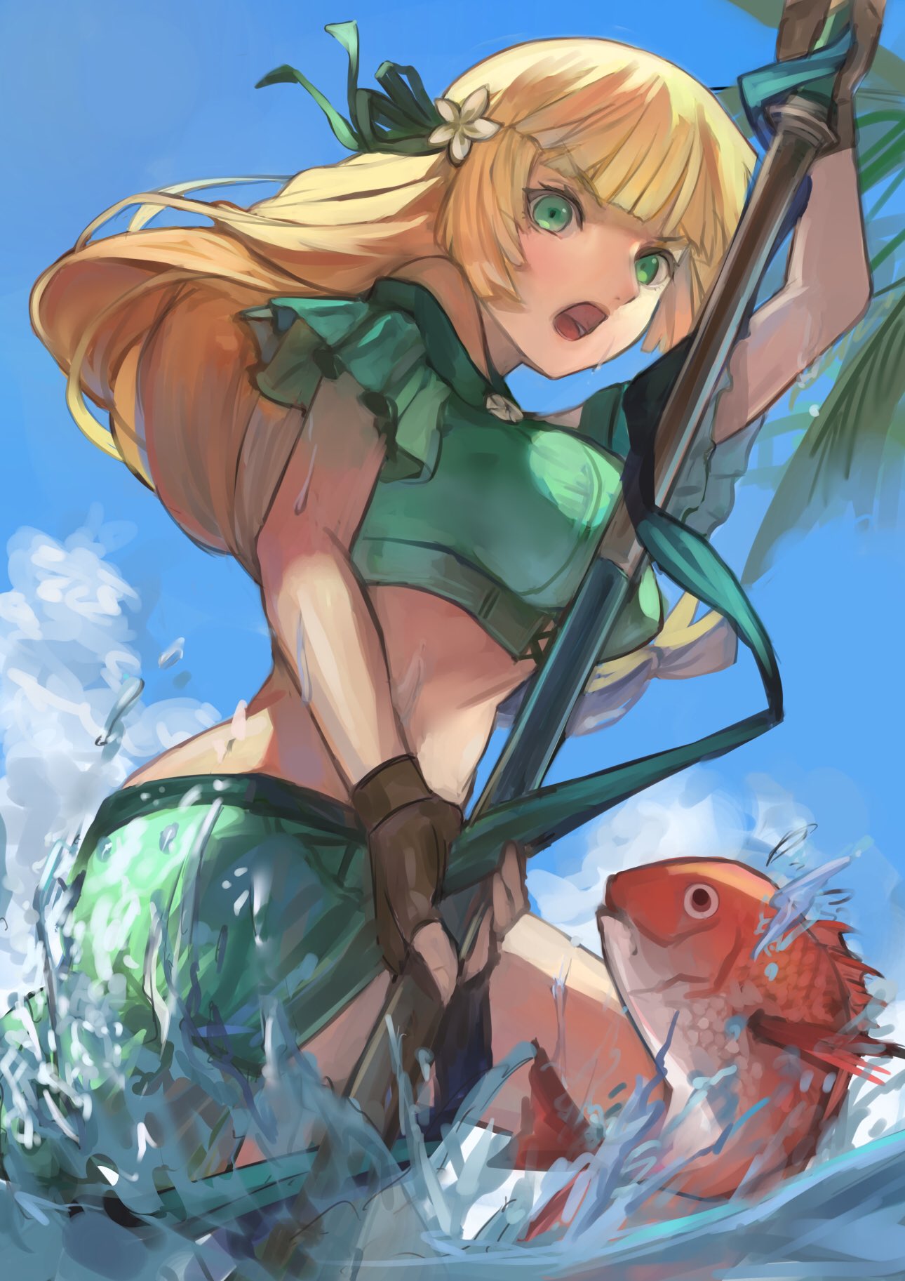 1girl blonde_hair blue_sky brown_gloves clouds day fingerless_gloves fire_emblem fire_emblem:_three_houses fire_emblem_heroes fish flower gloves green_eyes hair_flower hair_ornament highres holding ingrid_brandl_galatea long_hair mai_yukari open_mouth outdoors polearm sky solo swimsuit water weapon