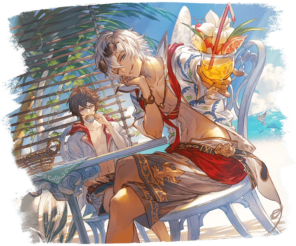 2boys ;q alpha_transparency annoyed belt black_hair blue_sky crossed_legs eyewear_on_head granblue_fantasy hood hoodie jewelry looking_at_another looking_at_viewer lucio_(granblue_fantasy) male_focus male_swimwear minaba_hideo multiple_boys necklace official_art one_eye_closed open_clothes open_shirt sandalphon_(granblue_fantasy) sky smile swim_trunks swimwear tan tongue tongue_out white_hair