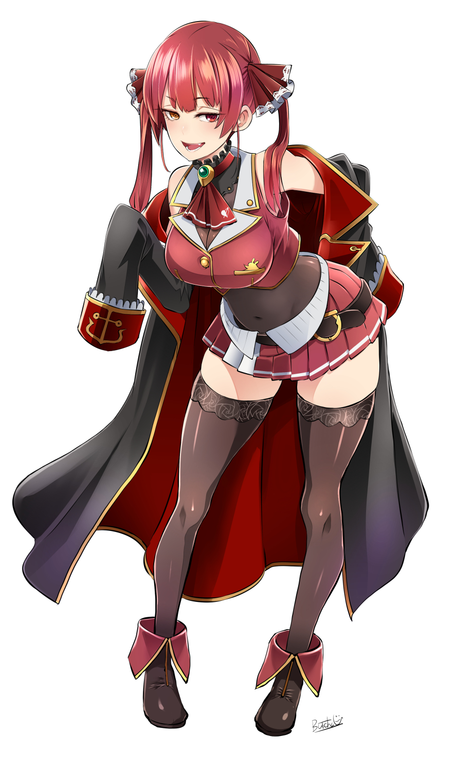 1girl bangs bare_shoulders belt bodysuit breasts butcha-u heterochromia highres houshou_marine jacket leaning_forward looking_at_viewer navel open_clothes open_jacket open_mouth red_eyes red_skirt redhead skirt solo thigh-highs twintails vest virtual_youtuber white_background yellow_eyes