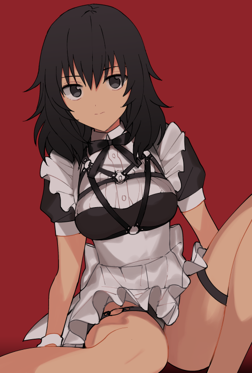 1girl alternate_costume andou_(girls_und_panzer) apron bangs black_dress black_hair black_neckwear black_panties black_ribbon brown_eyes closed_mouth collared_dress commentary dark_skin dress enmaided girls_und_panzer harness leaning_to_the_side light_smile looking_at_viewer maid maid_apron medium_hair messy_hair neck_ribbon o-ring o-ring_bottom o-ring_panties panties pantyshot puffy_short_sleeves puffy_sleeves red_background ribbon short_dress short_sleeves simple_background sitting solo tan3charge underwear white_apron