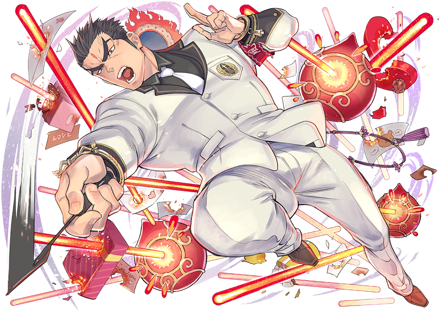 1boy aizen_(tokyo_houkago_summoners) bara black_hair chest dynamic_pose facial_mark forehead_mark formal full_body kijimahyogo looking_at_viewer male_focus necktie official_art open_mouth pants red_eyes shoes solo suit tokyo_houkago_summoners