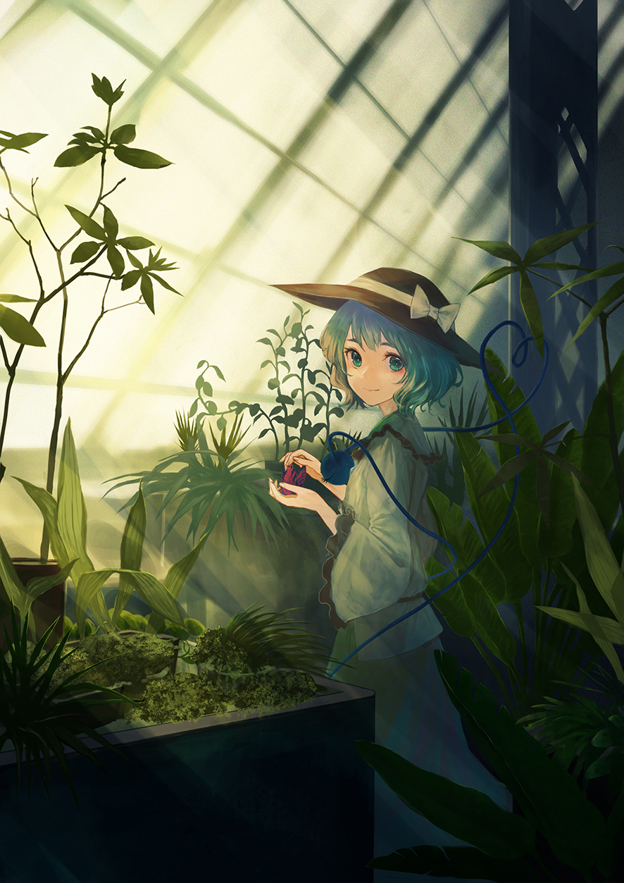 1girl animal aqua_hair bow bug butterfly closed_mouth dark eyeball frilled_sleeves frills from_side green_background green_eyes green_hair hat hat_ribbon heart heart_of_string highres holding holding_animal indoors insect komeiji_koishi light_smile looking_at_viewer matumasima plant ribbon short_hair solo standing string sunlight touhou wide_sleeves window yellow_bow