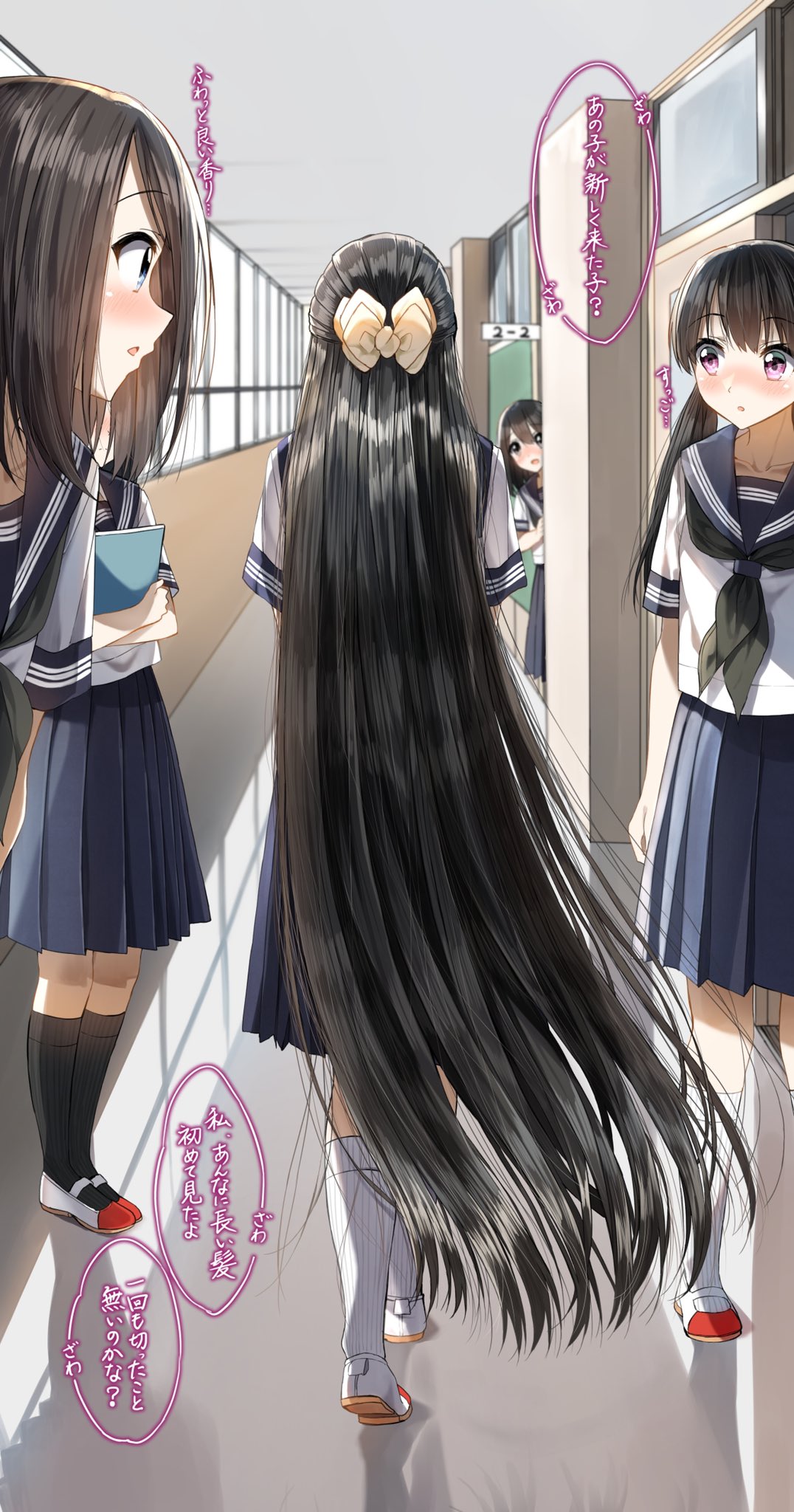 5girls black_hair black_legwear black_neckwear blue_eyes blue_sailor_collar blue_skirt blush bow brown_bow collarbone commentary_request hair_bow highres indoors kneehighs long_hair low_twintails multiple_girls neckerchief original peeking_out pentagon_(railgun_ky1206) pleated_skirt reflection ribbed_legwear sailor_collar school_uniform serafuku shirt shoes short_sleeves skirt translation_request twintails uwabaki very_long_hair violet_eyes walking white_footwear white_legwear white_shirt window