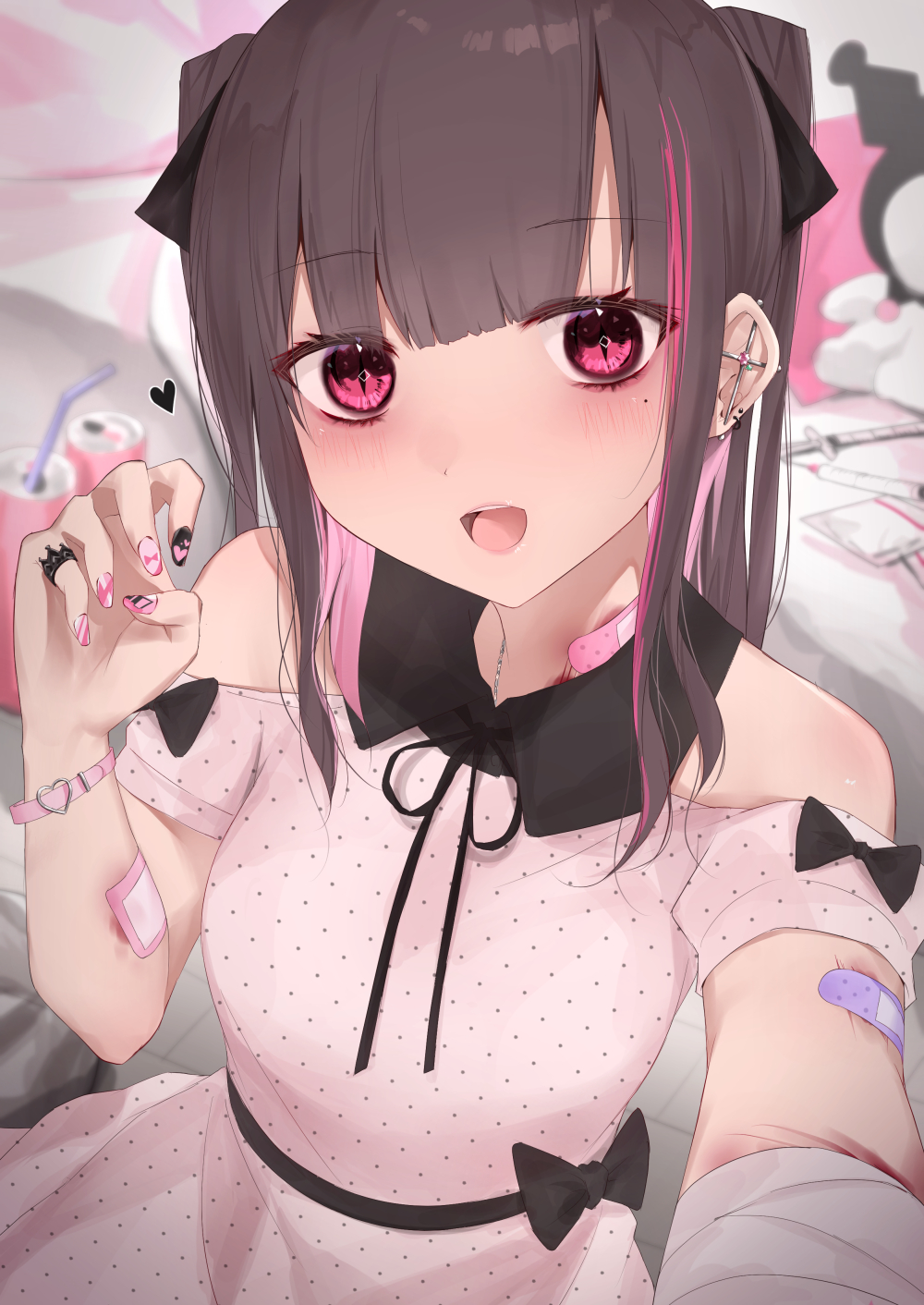 1girl :d bandaid bandaid_on_arm bandaid_on_neck bare_shoulders bendy_straw black_bow black_nails black_ribbon black_shirt blurry blurry_background bow breasts brown_hair can claw_pose collared_shirt commentary_request depth_of_field dress drinking_straw heart highres indoors kanju long_hair multicolored multicolored_hair multicolored_nails nail_art nail_polish neck_ribbon off-shoulder_dress off_shoulder open_mouth original pink_dress pink_hair pink_nails polka_dot polka_dot_dress ponytail reaching_out red_eyes ribbon self_shot shirt short_sleeves sidelocks sleeveless sleeveless_shirt slit_pupils small_breasts smile solo streaked_hair syringe