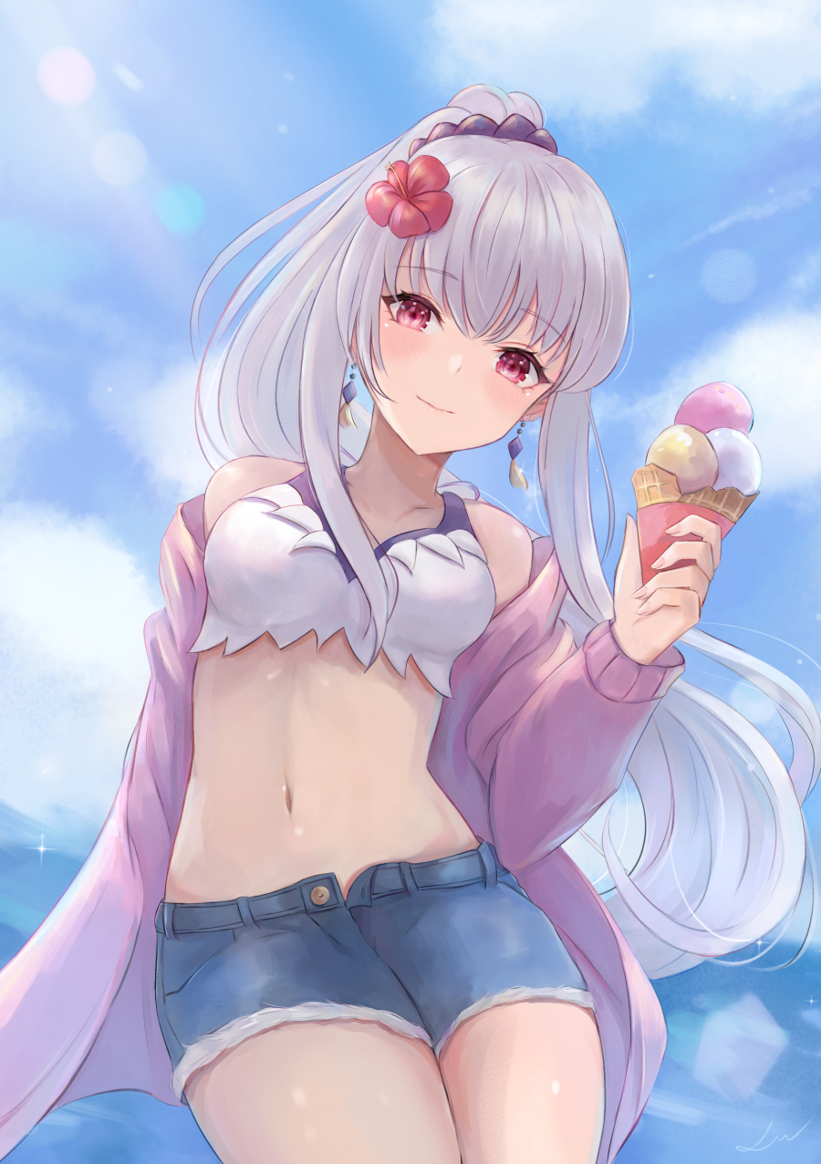 1girl alternate_costume alternate_hairstyle bikini bikini_top closed_mouth cute denim denim_shorts earrings fire_emblem fire_emblem:_three_houses fire_emblem:_three_houses fire_emblem_16 fire_emblem_heroes flower hair_flower hair_ornament hibiscus highres holding hoodie ice_cream_cone intelligent_systems jewelry leonmandala loli long_hair looking_at_viewer lysithea_von_ordelia midriff navel nintendo ocean open_fly parted_lips pink_eyes ponytail shorts sky smile solo summer super_smash_bros. unbuttoned white_hair
