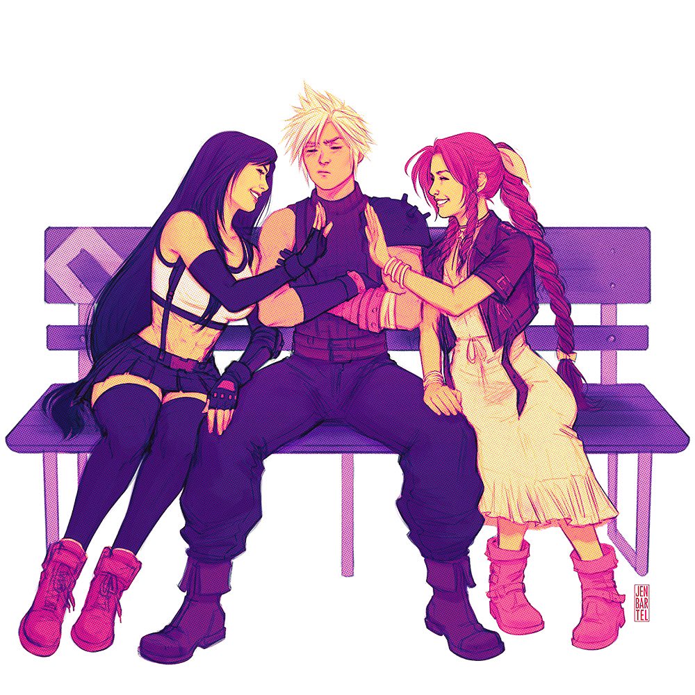 1boy 2girls abs aerith_gainsborough armor bench black_skirt boots bracelet braid braided_ponytail cloud_strife cropped_jacket crossed_arms dress earrings elbow_gloves final_fantasy final_fantasy_vii final_fantasy_vii_remake fingerless_gloves girl_sandwich gloves high_five jen_bartel jewelry long_hair low-tied_long_hair miniskirt monochrome multiple_girls pout sandwiched shirt shoulder_armor simple_background sitting skirt sleeveless sleeveless_turtleneck smile spiky_hair suspender_skirt suspenders tank_top taut_clothes taut_shirt tifa_lockhart toned turtleneck