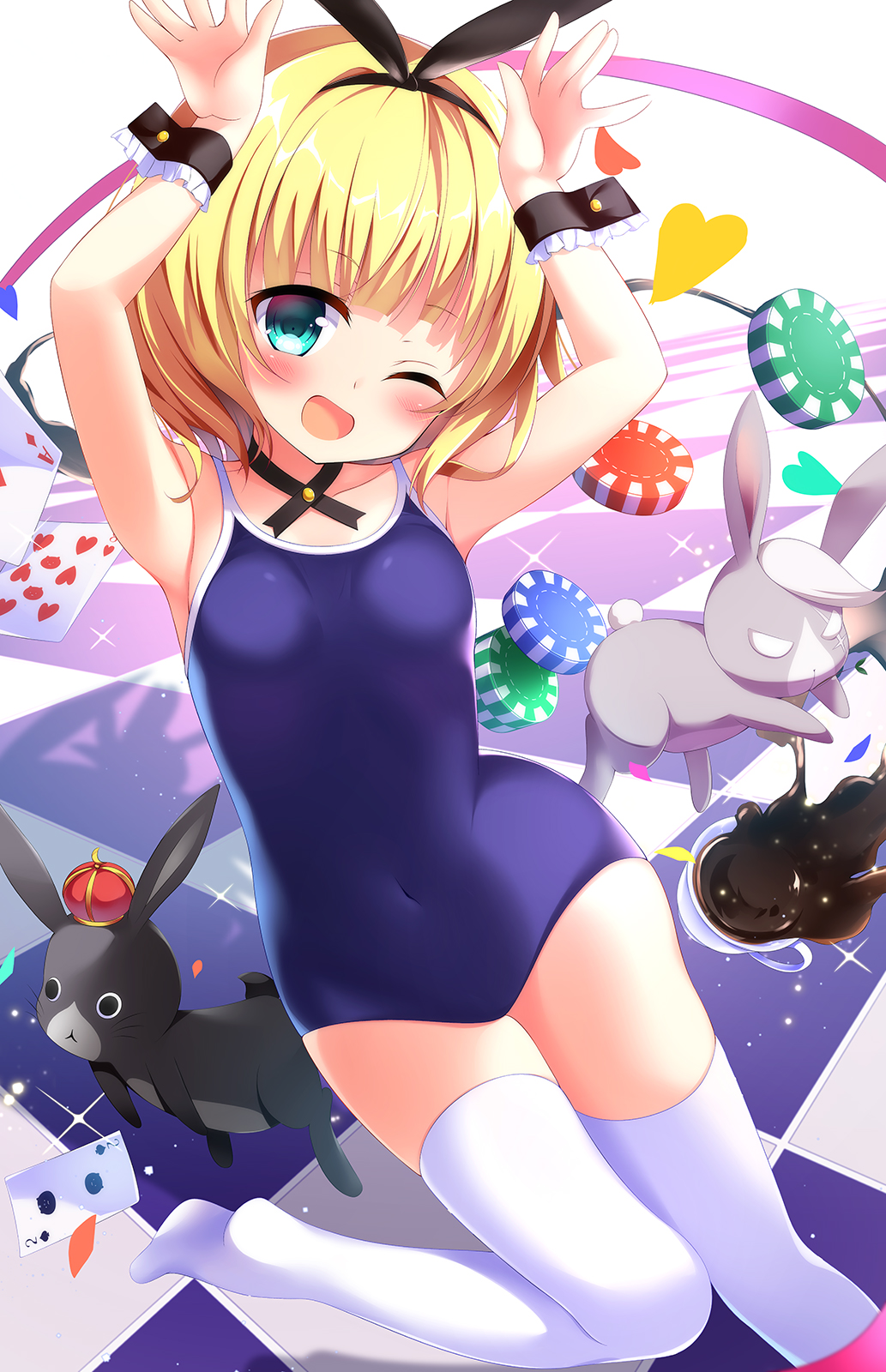 1girl anko_(gochiusa) bangs black_hairband black_neckwear blonde_hair blue_eyes blue_swimsuit blunt_bangs bunny_pose card checkered checkered_floor commentary_request competition_school_swimsuit cowboy_shot flat_chest gochuumon_wa_usagi_desu_ka? hairband hatsuhi highres kirima_sharo looking_at_viewer neck_ribbon playing_card poker_chip ribbon school_swimsuit short_hair swimsuit thigh-highs wavy_hair white_legwear wild_geese wrist_cuffs