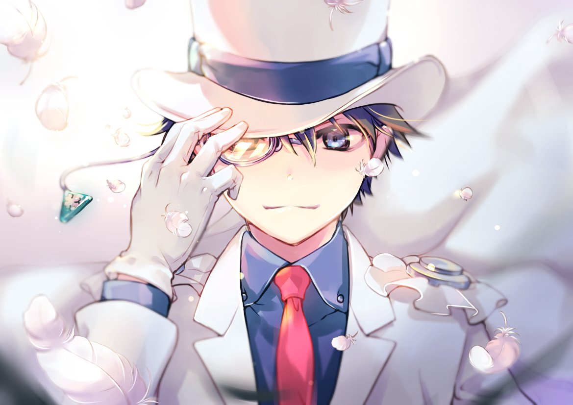 1boy blue_eyes blue_shirt closed_mouth collared_shirt feathers gloves hand_up hat jacket kaitou_kid kuga_tsukasa looking_at_viewer magic_kaito male_focus monocle necktie red_neckwear shirt smile solo upper_body white_gloves white_headwear white_jacket wing_collar