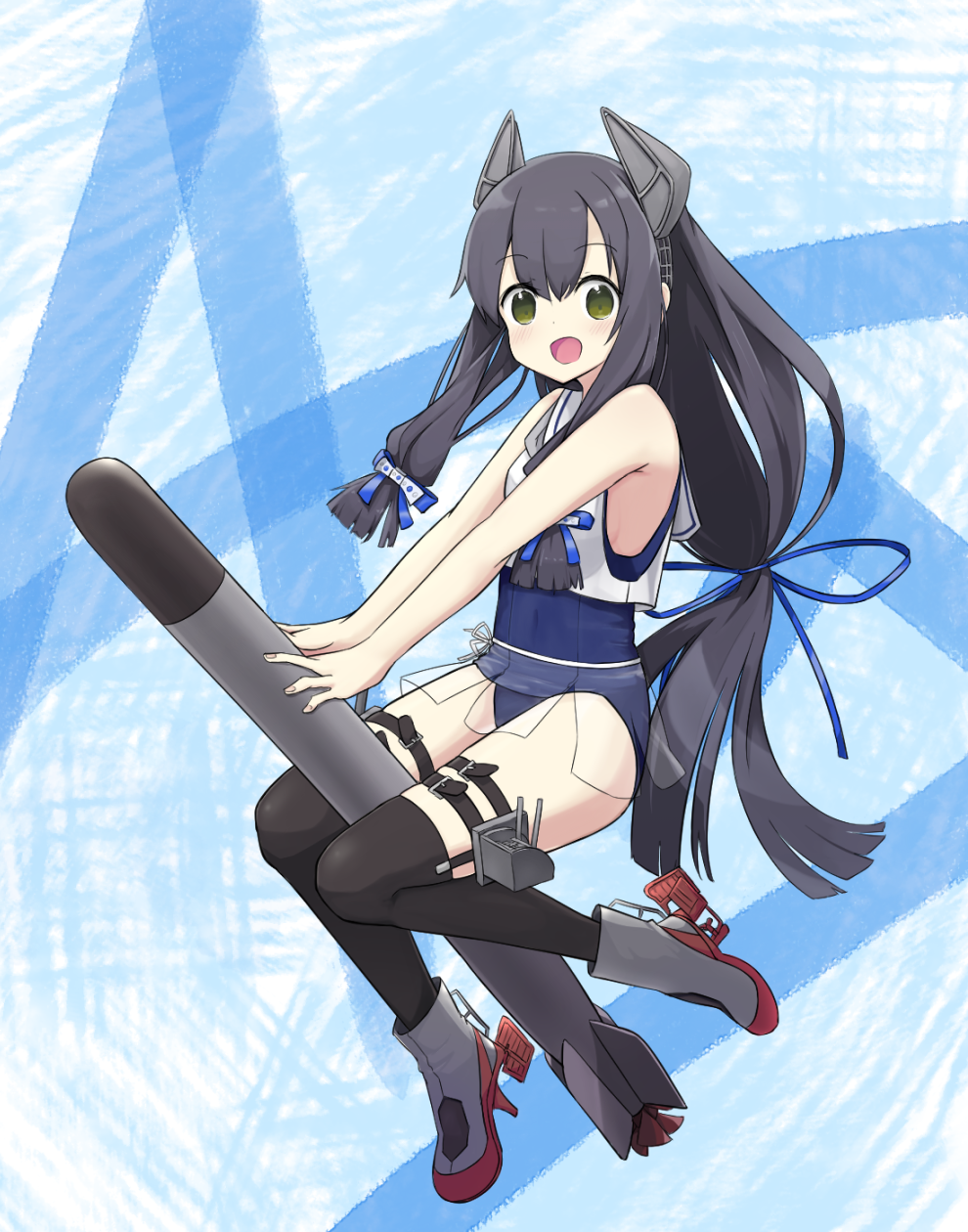 1girl black_hair black_legwear blue_background blue_swimsuit commentary_request full_body green_eyes hair_ribbon headgear highres hino_(yuruyurukoubou) i-47_(kantai_collection) kantai_collection long_hair open_mouth ribbon riding rudder_footwear sailor_collar sailor_shirt school_swimsuit see-through_skirt shirt skirt solo swimsuit swimsuit_under_clothes thigh-highs torpedo tress_ribbon white_sailor_collar