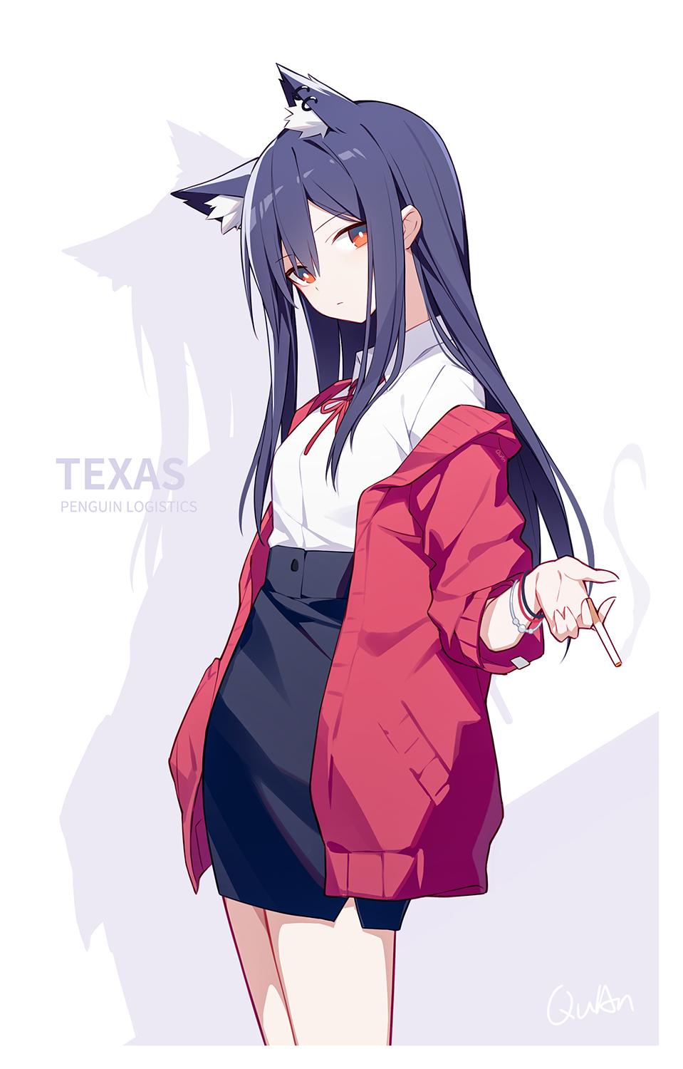 1girl animal_ear_fluff animal_ears arknights black_skirt blue_hair bracelet character_name cigarette collared_shirt cropped_legs drop_shadow earrings high-waist_skirt highres holding jacket jewelry kurisu_tina long_hair looking_at_viewer neck_ribbon off_shoulder open_clothes open_jacket pencil_skirt red_eyes red_jacket red_neckwear ribbon shirt shirt_tucked_in skirt solo texas_(arknights) white_shirt wolf_ears