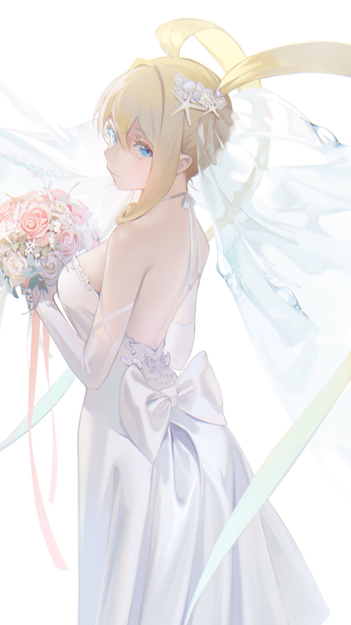 1girl backless_dress backless_outfit bad_id bad_twitter_id bangs bare_shoulders blonde_hair blue_eyes bouquet breasts bridal_veil bride dress elbow_gloves flower from_side gloves hair_ornament highres holding large_breasts long_hair looking_at_viewer mermaid_melody_pichi_pichi_pitch nanami_lucia ohisashiburi simple_background solo strapless strapless_dress tiara veil very_long_hair wedding wedding_dress white_background white_dress white_gloves