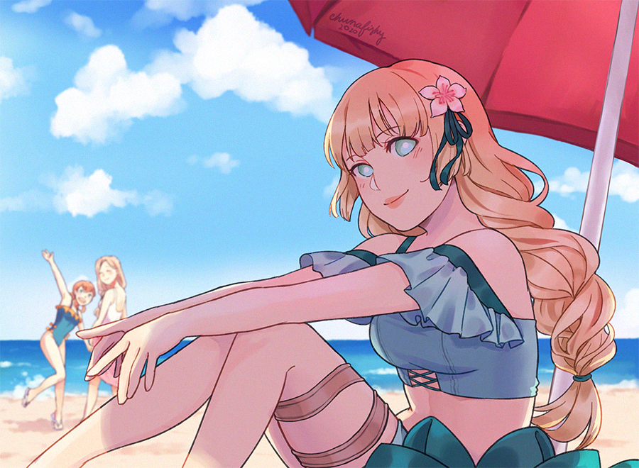 3girls annette_fantine_dominic artist_name beach beach_umbrella blonde_hair blue_sky chunafishy closed_eyes closed_mouth clouds day fire_emblem fire_emblem:_three_houses fire_emblem_heroes flower from_side green_eyes hair_flower hair_ornament ingrid_brandl_galatea knees_up long_hair looking_to_the_side mercedes_von_martritz multiple_girls one-piece_swimsuit open_mouth orange_hair outdoors sitting sky smile swimsuit umbrella water