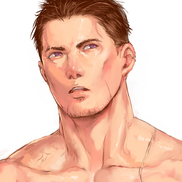 1boy brown_hair facial_hair male_focus muscle nude original parted_lips portrait scar shu-mai simple_background solo stubble violet_eyes white_background