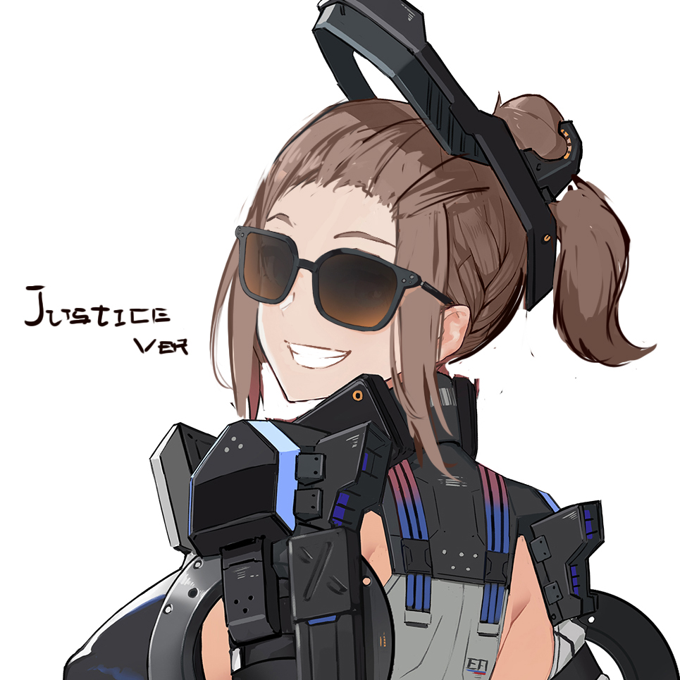 1girl bangs_pinned_back brown-tinted_eyewear brown_hair copyright_request exoskeleton from_behind looking_at_viewer looking_back pandea_work ponytail simple_background smile solo sunglasses upper_body white_background