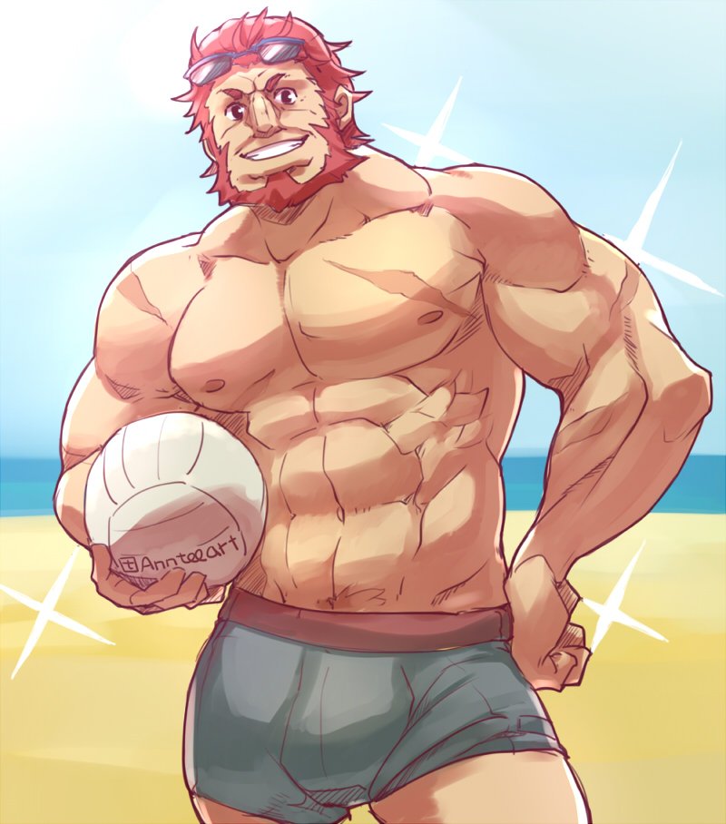 1boy abs alternate_costume annteeart ball bara beard bulge chest day eyewear_on_head facial_hair fate/grand_order fate/zero fate_(series) hand_on_hip iskandar_(fate) looking_at_viewer male_focus male_swimwear manly muscle nipples outdoors pectorals red_eyes redhead scar smile solo sparkle summer swimwear upper_body volleyball