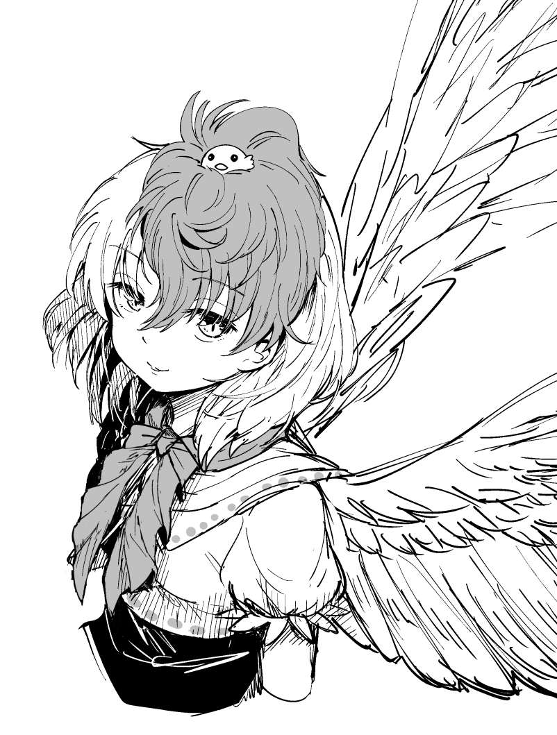 1girl animal animal_on_head bangs bird bird_on_head bird_wings chick closed_mouth commentary_request cropped_torso eyebrows_visible_through_hair feathered_wings hair_between_eyes looking_at_viewer multicolored_hair nibi niwatari_kutaka on_head puffy_short_sleeves puffy_sleeves shirt short_sleeves sidelocks simple_background smile solo touhou two-tone_hair upper_body white_background wings