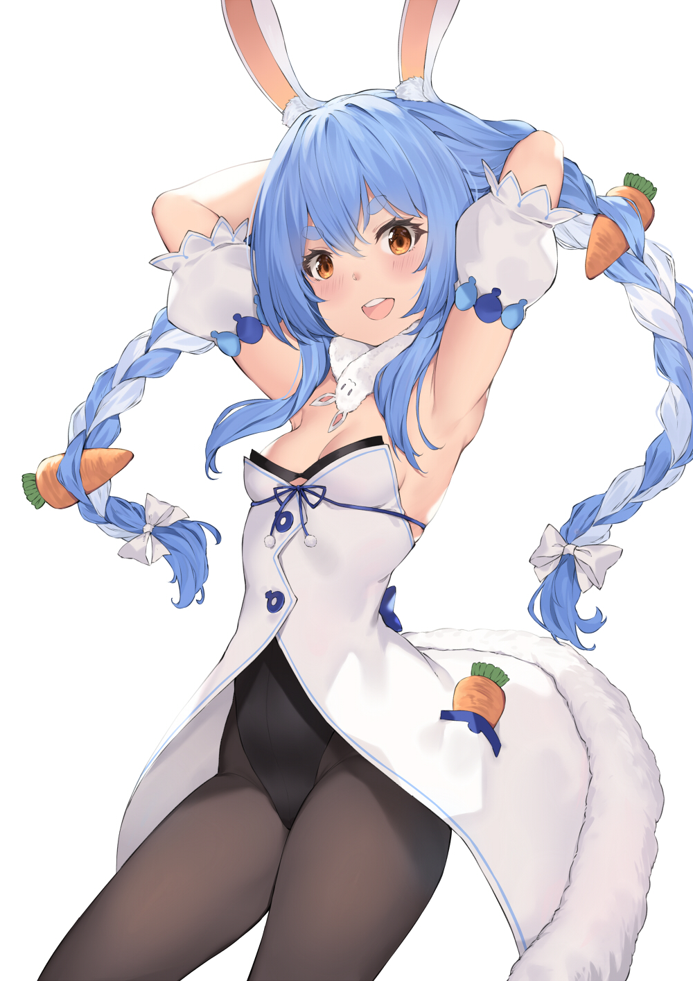 1girl :d animal_ear_fluff animal_ears armpits arms_up blue_hair blush braid breasts bunnysuit carrot_hair_ornament coat eyebrows_visible_through_hair food_themed_hair_ornament fur_scarf hair_ornament highres hololive long_hair looking_at_viewer multicolored_hair open_mouth pak_ce pantyhose rabbit_ears scarf simple_background smile solo thick_eyebrows twin_braids two-tone_hair upper_teeth usada_pekora virtual_youtuber white_background white_coat white_hair