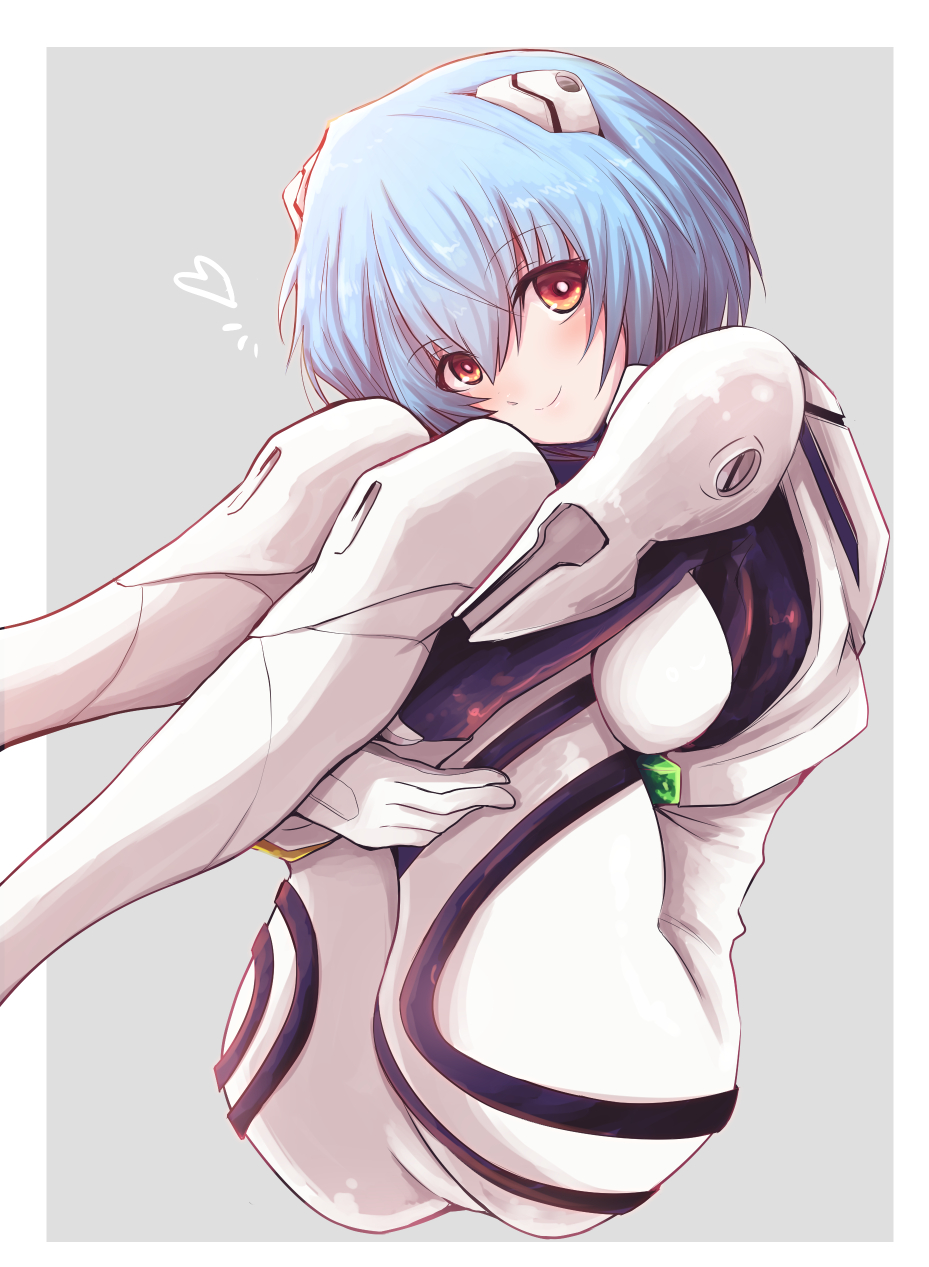 1girl ayanami_rei blue_hair blush bodysuit breasts commentary commentary_request eyebrows_visible_through_hair fujitaka_nasu hairpods heart highres looking_at_viewer medium_breasts neon_genesis_evangelion plugsuit short_hair smile solo white_bodysuit