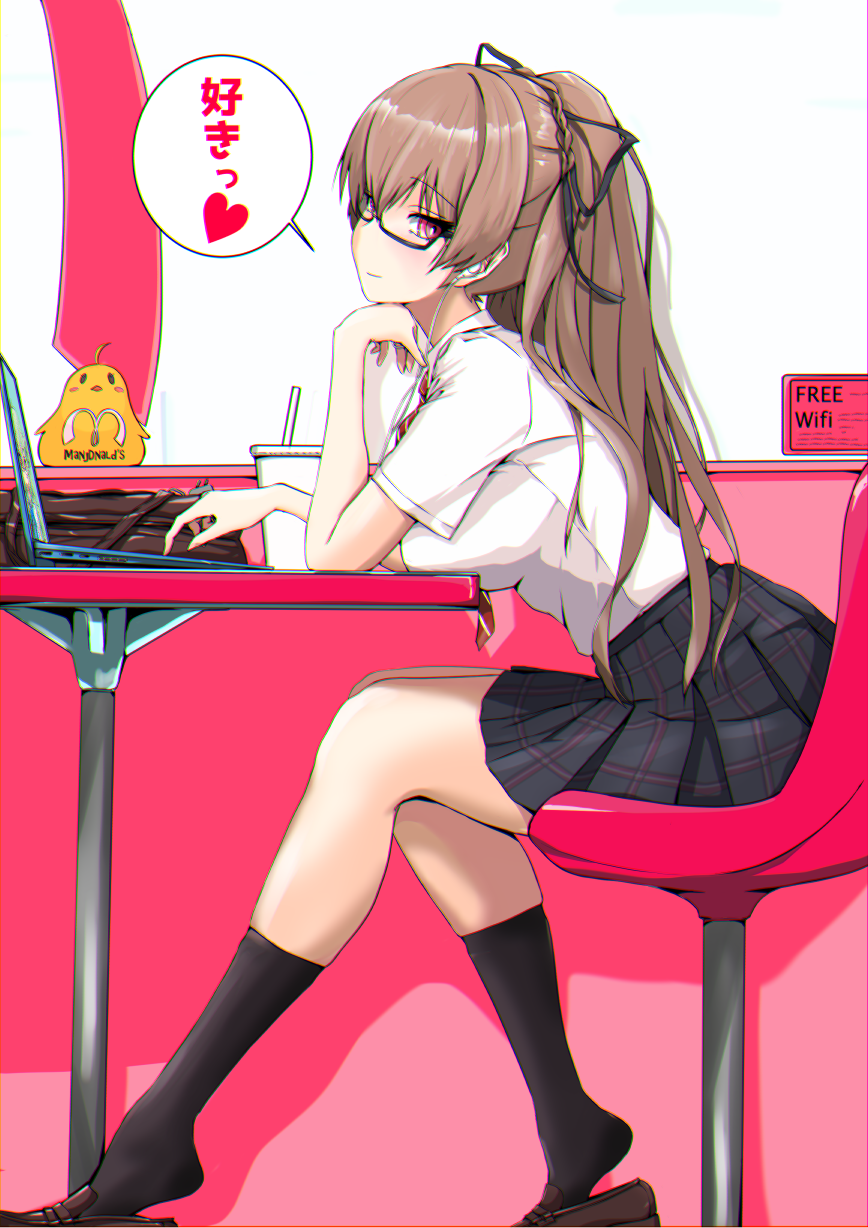 1girl azur_lane black-framed_eyewear black_legwear black_ribbon black_skirt brown_footwear brown_hair chair commentary_request computer glasses hair_ribbon highres laptop long_hair looking_at_viewer manjuu_(azur_lane) mcdonald's p.i.t.d plaid plaid_skirt pleated_skirt ponytail ribbon school_uniform semi-rimless_eyewear shirt shoes sitting skirt socks solo speech_bubble striped striped_neckwear swiftsure_(azur_lane) swiftsure_(secluded_cyclamen)_(azur_lane) table translation_request under-rim_eyewear violet_eyes white_shirt