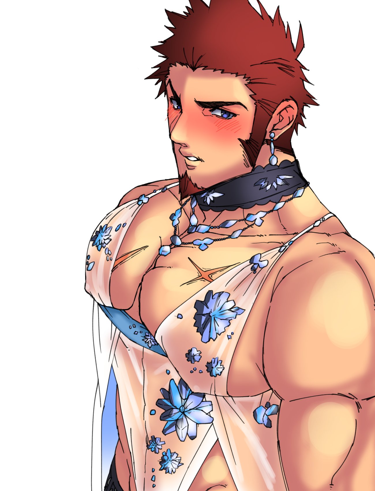 1boy abs artoria_pendragon_(all) artoria_pendragon_(lancer_alter) artoria_pendragon_(lancer_alter)_(cosplay) bara bare_shoulders blue_eyes blush brown_hair chest cosplay crossdressinging earrings facial_hair fate/grand_order fate_(series) goatee highres jewelry k_ei3k looking_at_viewer male_focus muscle napoleon_bonaparte_(fate/grand_order) necklace pectorals revealing_clothes royal_icing scar see-through sideburns solo white_background