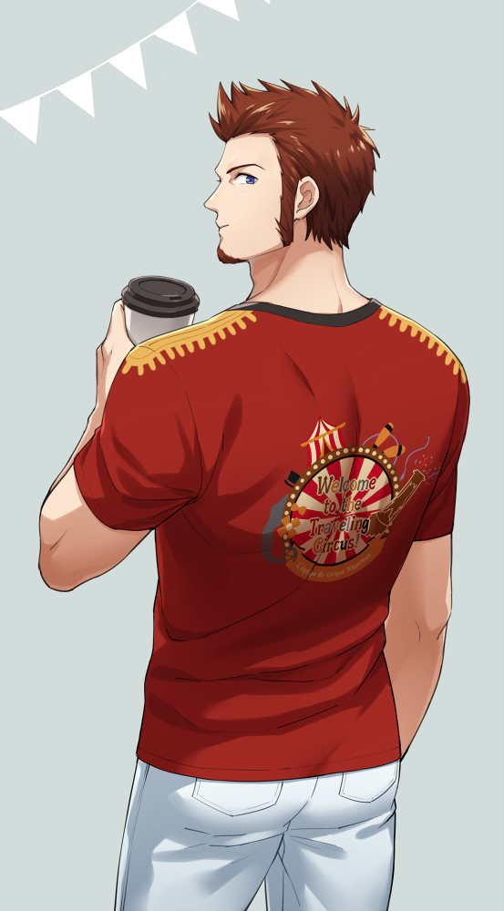 1boy 47 beard blue_eyes brown_hair circus commentary_request cup drinking epaulettes facial_hair fate/grand_order fate_(series) looking_at_viewer male_focus napoleon_bonaparte_(fate/grand_order) pants shirt short_sleeves simple_background solo welcome_to_the_travelling_circus!