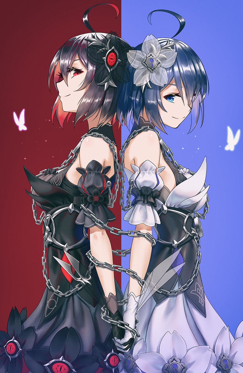 2girls ahoge back-to-back bare_shoulders black_dress black_hair blue_eyes bound breasts bug butterfly chain chained closed_mouth dark_persona dress dual_persona flower frills from_side gloves glowing_butterfly gotointhepark hair_flower hair_ornament highres holding_hands honkai_(series) honkai_impact_3rd insect interlocked_fingers looking_at_viewer medium_breasts medium_hair multiple_girls profile red_eyes ribbon seele_vollerei skirt sleeveless sleeveless_dress smile standing