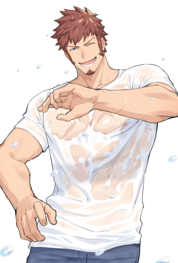 1boy 47 alternate_hairstyle beard blue_eyes brown_hair chest denim facial_hair fate/grand_order fate_(series) jeans looking_at_viewer male_focus muscle one_eye_closed open_mouth pants pectorals scar see-through smile solo upper_body wet wet_clothes wet_hair