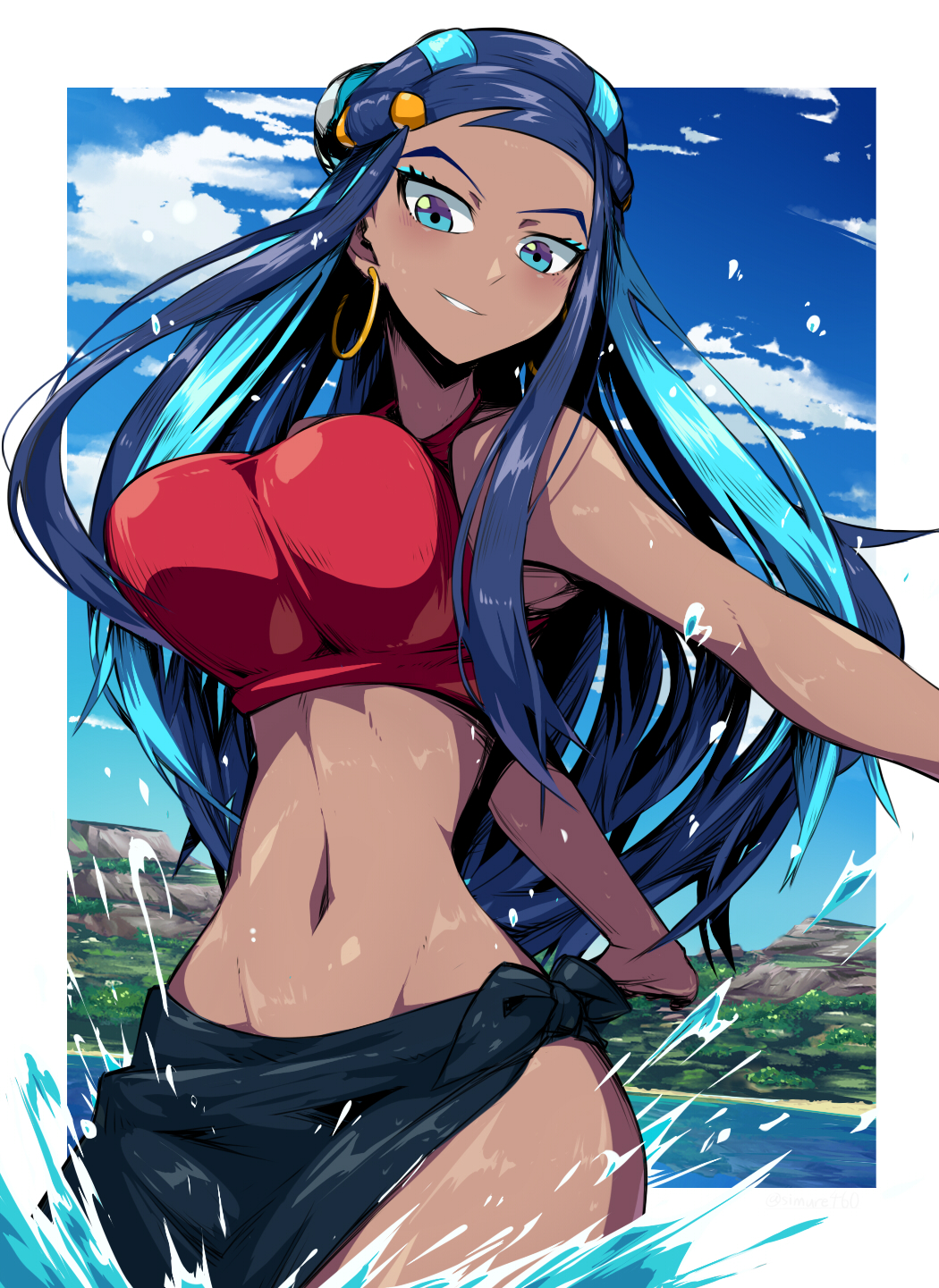 black_hair blue_eyes blue_hair breasts dark_skin earrings highres hoop_earrings impossible_clothes jewelry large_breasts pokemon pokemon_(game) rurina_(pokemon) shimure_(460)