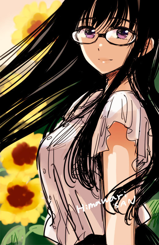 1girl bangs black-framed_eyewear black_hair breasts character_name closed_mouth commentary_request copyright_name eyebrows_visible_through_hair flower from_side glasses himawari-san himawari-san_(character) large_breasts light_smile long_hair looking_at_viewer object_namesake shirt sketch solo standing sugano_manami sunflower upper_body violet_eyes white_shirt