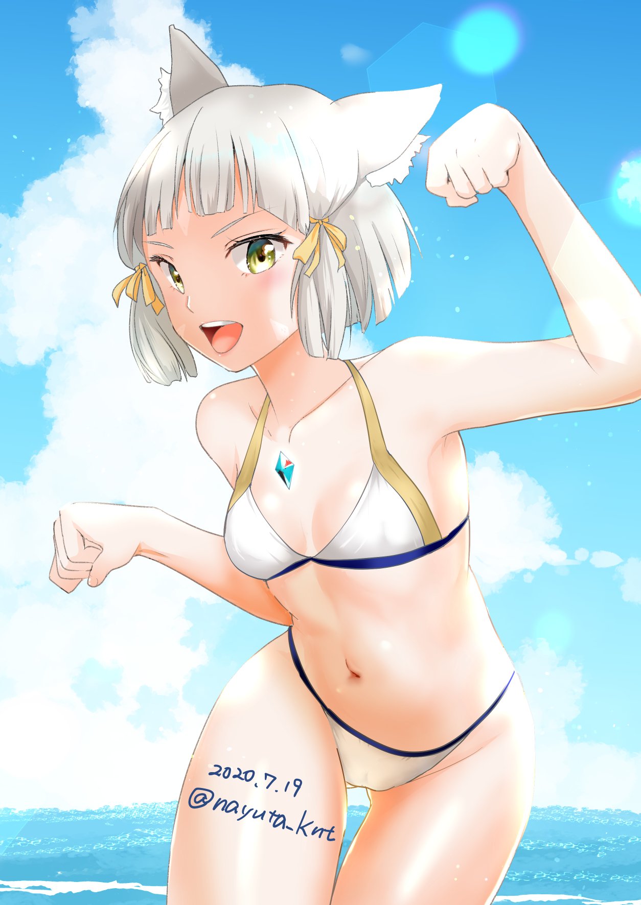 1girl :d animal_ear_fluff animal_ears ass_visible_through_thighs bikini breasts cat_ears chest_jewel day facial_mark hair_ornament highres navel nayuta-knt niyah open_mouth outdoors paw_pose short_hair silver_hair sky small_breasts smile solo swimsuit white_bikini xenoblade_(series) xenoblade_2 yellow_eyes