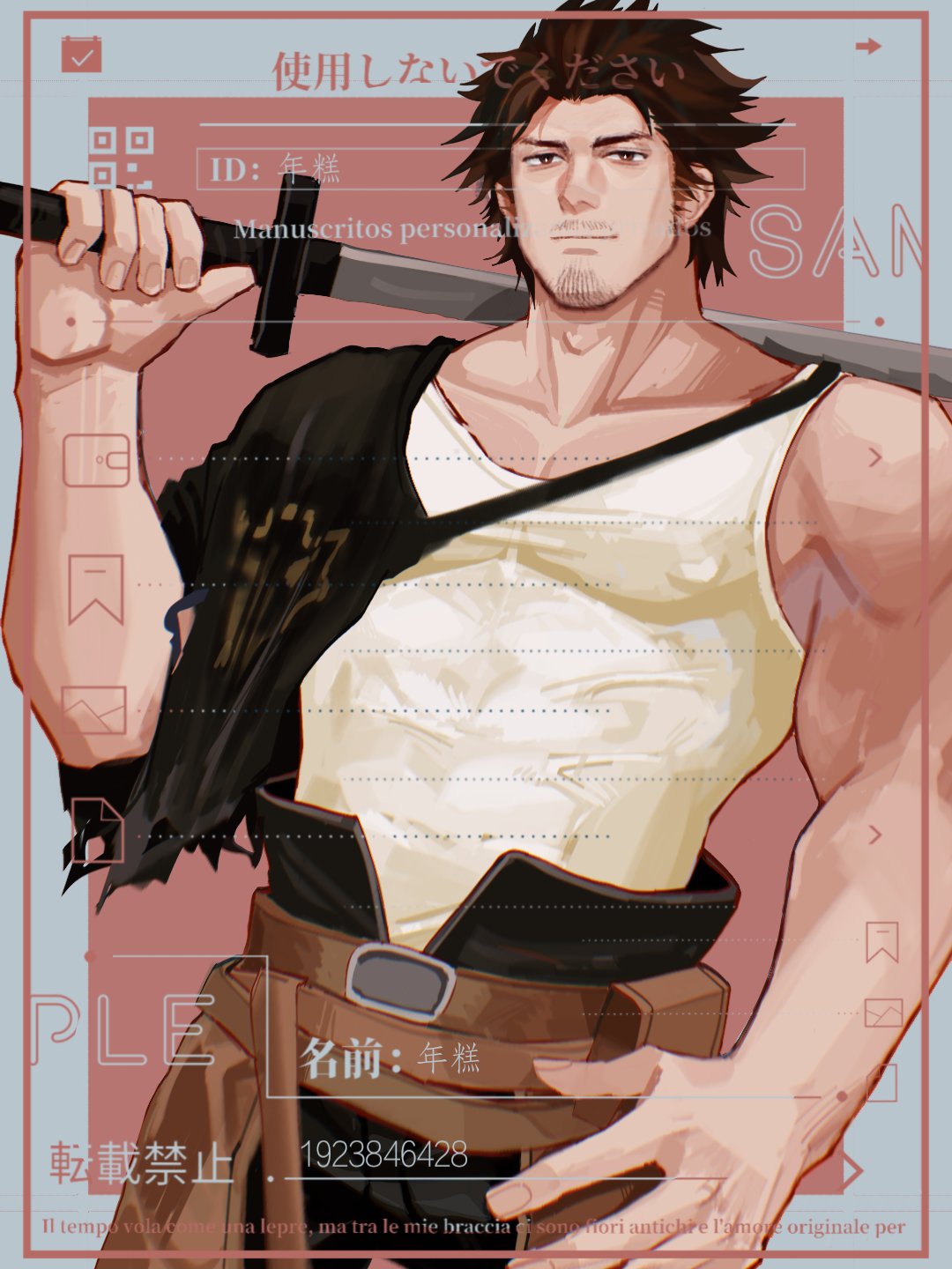 1boy arm_up bara bare_shoulders beard belt black_clover black_hair capelet chest covered_nipples facial_hair goatee highres looking_at_viewer male_focus muscle niangaoxianyu over_shoulder pants pectorals smile solo stubble sword sword_over_shoulder tank_top weapon weapon_over_shoulder yami_sukehiro