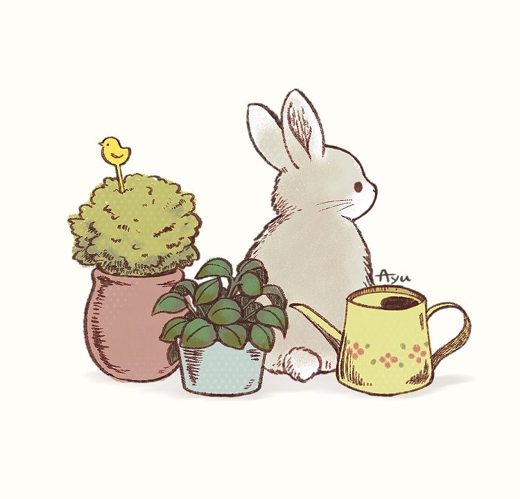 ayu_(mog) commentary no_humans original plant pot potted_plant rabbit signature symbol_commentary watering_can