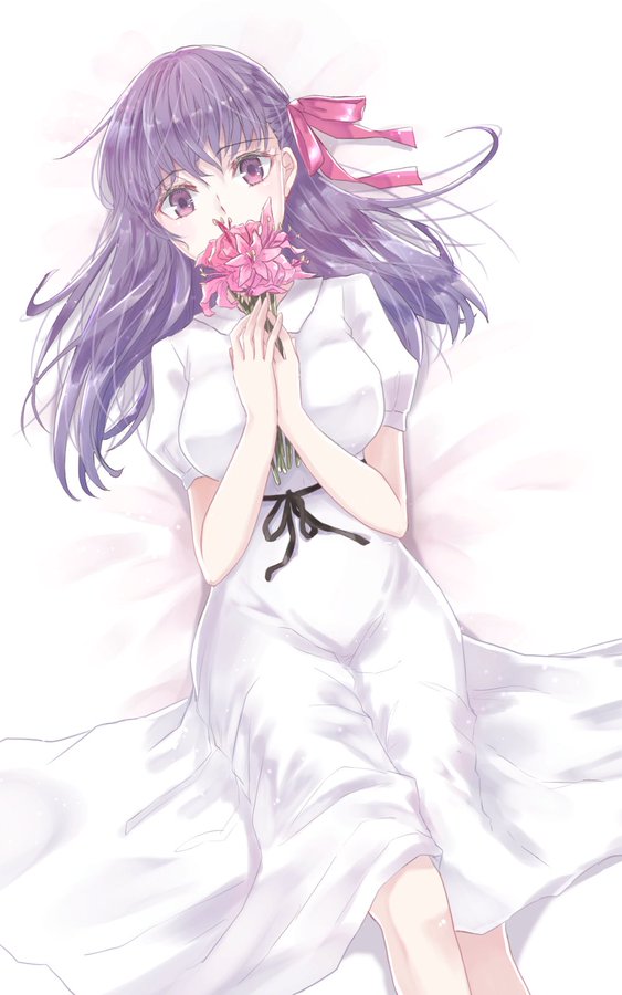 1girl bangs black_ribbon bouquet breasts dress eyebrows_visible_through_hair fate/stay_night fate_(series) flower from_below hair_between_eyes hair_ribbon holding holding_bouquet long_hair looking_at_viewer lying matou_sakura medium_breasts on_back pink_flower purple_hair red_ribbon rei_no_himo ribbon ro96cu shiny shiny_hair short_sleeves simple_background solo sundress violet_eyes white_background white_dress