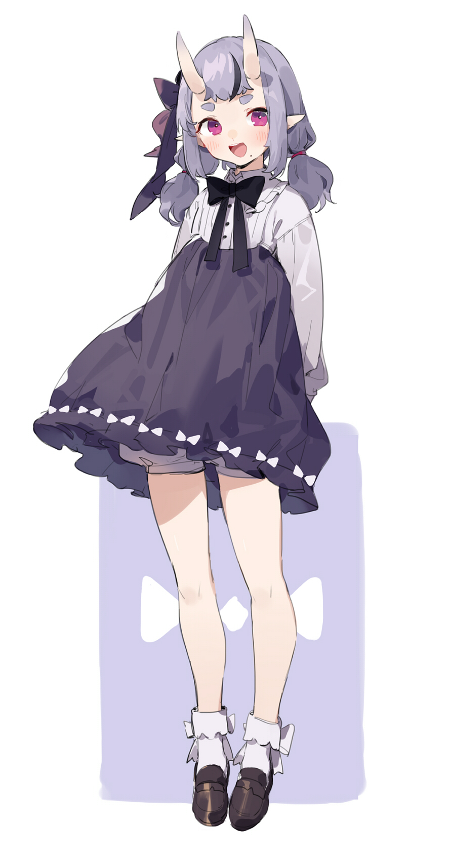 1girl :d arms_behind_back black_bow black_footwear black_hair blush bobby_socks bow bow_legwear bowtie collar dress frilled_collar frills full_body hair_bow highres horns lavender_hair loafers long_sleeves medium_hair mole mole_under_mouth multicolored_hair nijisanji oni oni_horns open_mouth pointy_ears rindou_mikoto sh_(562835932) shoes short_eyebrows skin-covered_horns smile sock_bow socks solo streaked_hair thick_eyebrows twintails two-tone_background violet_eyes virtual_youtuber white_legwear younger