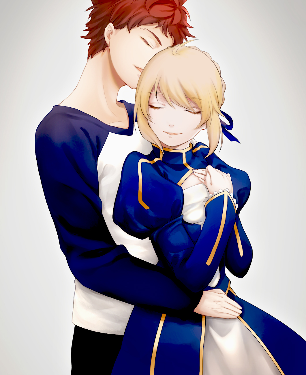 1boy 1girl artoria_pendragon_(all) black_pants blonde_hair blue_ribbon blue_sleeves braid braided_bun closed_eyes emiya_shirou fate/stay_night fate_(series) grey_background hair_ribbon head_tilt highres hug hug_from_behind long_sleeves open_mouth pants redhead ribbon saber shirt short_hair shrug_(clothing) simple_background skirt smile suzuakks white_shirt