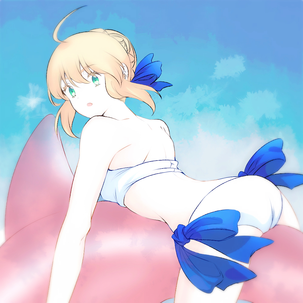 1girl ahoge artoria_pendragon_(all) bikini blonde_hair blue_bow blue_eyes blue_ribbon blue_sky bow braid braided_bun day eyebrows_visible_through_hair fate/stay_night fate_(series) hair_between_eyes hair_ribbon open_mouth outdoors ribbon saber short_hair shoulder_blades sidelocks sky solo suzuakks swimsuit white_bikini