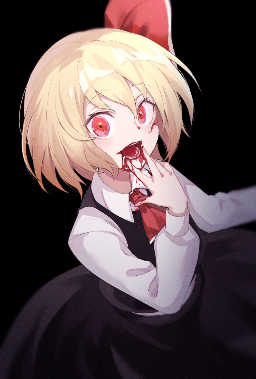 1girl ascot black_background black_skirt black_vest blonde_hair blood blood_from_mouth blood_on_face bloody_hands crazy_eyes hair_ribbon highres long_sleeves looking_at_viewer open_mouth puffy_long_sleeves puffy_sleeves red_eyes red_neckwear red_ribbon ribbon rice_(okome_no_naru_ki) rumia short_hair skirt skirt_set solo tongue touhou tress_ribbon vest
