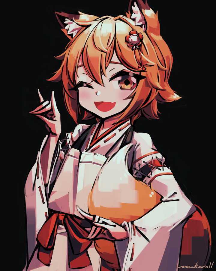 1girl \n/ allen_(makaroll) animal_ear_fluff animal_ears artist_name bangs black_background blonde_hair commentary_request diamond-shaped_pupils diamond_(shape) double_\n/ eyebrows_behind_hair fang fox_ears hair_between_eyes japanese_clothes kimono light_blush long_sleeves looking_at_viewer miko one_eye_closed open_mouth red_sash sash senko_(sewayaki_kitsune_no_senko-san) sewayaki_kitsune_no_senko-san short_hair simple_background skin_fang solo symbol-shaped_pupils tail upper_body white_kimono wide_sleeves yellow_eyes