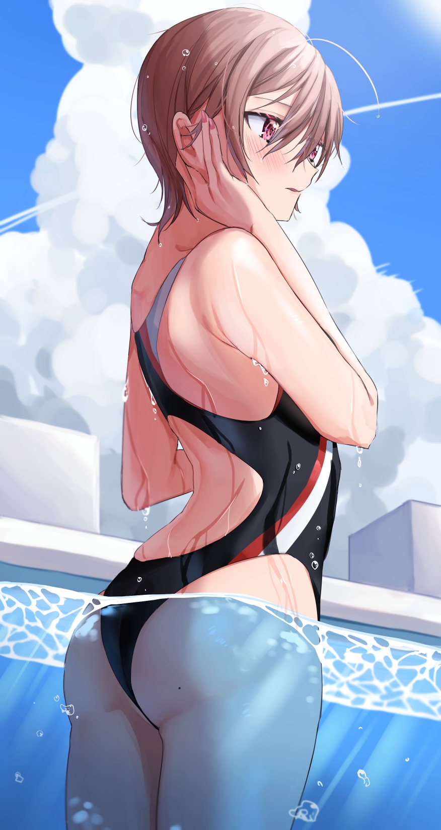 1girl ass back back_cutout bangs black_swimsuit brown_hair bubble caustics chigusa_minori competition_swimsuit cowboy_shot day dripping facing_away from_behind hand_on_own_cheek hands_up highres mole mole_on_ass one-piece_swimsuit original outdoors parted_lips partially_underwater_shot pool skindentation solo standing starting_block swimsuit violet_eyes wading water water_drop wet wet_hair