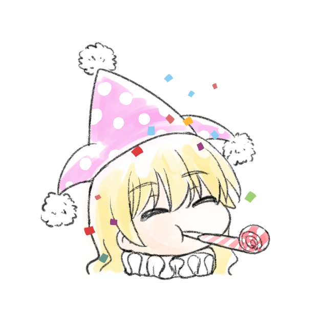 1girl ^_^ bangs blonde_hair blush closed_eyes clownpiece commentary_request confetti eyebrows_visible_through_hair hair_between_eyes hat jester_cap long_hair mouth_hold neck_ruff nibi party_whistle pink_headwear polka_dot_headwear portrait simple_background solo touhou white_background