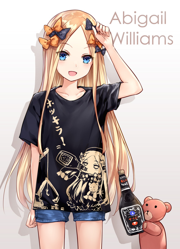 1girl abigail_williams_(fate/grand_order) asle bangs black_bow black_shirt blonde_hair blue_eyes blue_shorts blush bottle bow breasts character_name denim denim_shorts fate/grand_order fate_(series) forehead hair_bow long_hair looking_at_viewer multiple_bows open_mouth orange_bow parted_bangs polka_dot polka_dot_bow shirt short_shorts short_sleeves shorts small_breasts smile stuffed_animal stuffed_toy teddy_bear thighs translation_request