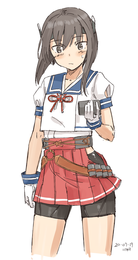 1girl belt bike_shorts blue_sailor_collar brown_eyes brown_hair cosplay cowboy_shot depth_charge gloves headband headgear hip_vent holding kantai_collection kawashina_(momen_silicon) mikura_(kantai_collection) mikura_(kantai_collection)_(cosplay) pleated_skirt puffy_short_sleeves puffy_sleeves red_skirt sailor_collar sailor_shirt shirt short_sleeves simple_background skirt solo taihou_(kantai_collection) white_background white_gloves white_shirt