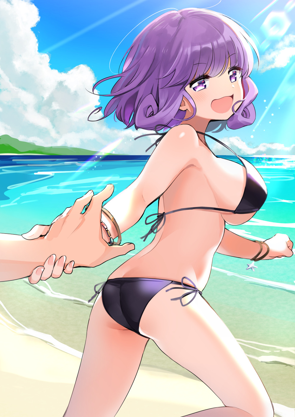 1girl :d ass bare_shoulders beach bikini blush breasts eyebrows_visible_through_hair hair_between_eyes halterneck highres holding_another's_arm looking_at_viewer medium_breasts open_mouth original purple_hair short_hair smile solo swimsuit tere thighs violet_eyes
