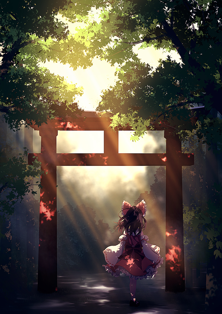 1girl bow brown_hair clouds cloudy_sky commentary detached_sleeves dise dress forest from_behind full_body hair_bow hakurei_reimu highres light_rays long_sleeves medium_hair nature nontraditional_miko red_bow red_dress red_skirt scenery shadow skirt sky solo sunbeam sunlight torii touhou tree wide_sleeves