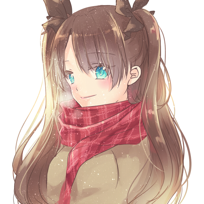 1girl bangs black_bow blue_eyes bow brown_hair brown_sweater casual closed_mouth eyebrows_visible_through_hair fate/stay_night fate_(series) hair_between_eyes hair_bow long_hair plaid plaid_scarf red_scarf ro96cu scarf shiny shiny_hair simple_background smile solo sweater tohsaka_rin twintails upper_body very_long_hair white_background