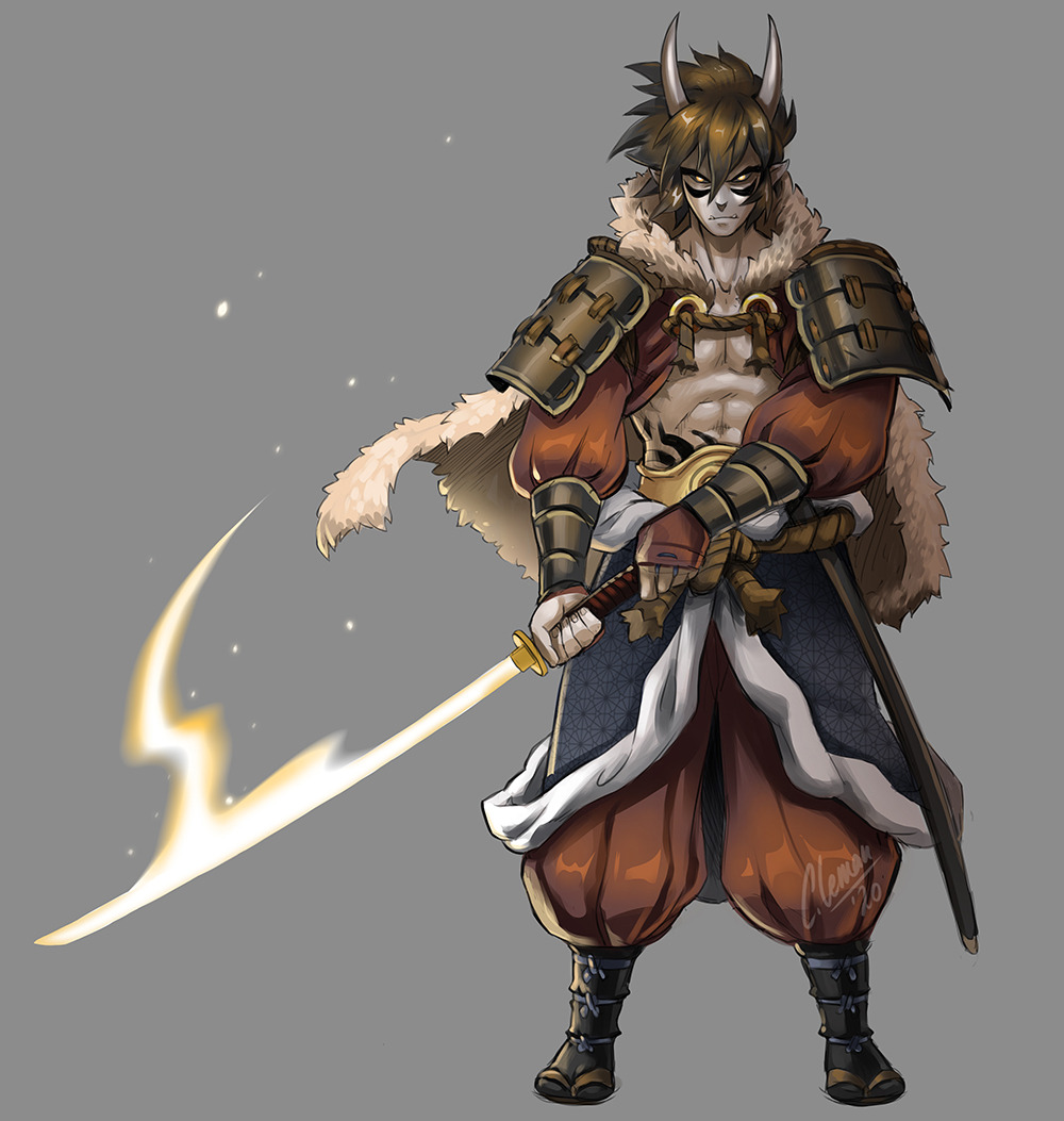 1boy abs armor belt brown_hair cape cathianemelian fangs fur_cape glowing glowing_eyes grey_skin horns japanese_armor katana oni pointy_ears puffy_pants puffy_sleeves ronin sandals socks sword underbite weapon