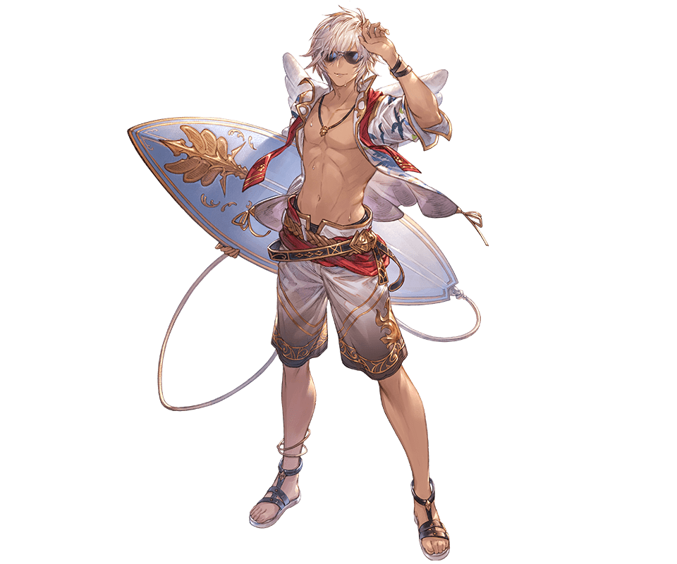 1boy alternate_costume anklet arm_up belt facing_viewer fake_wings full_body granblue_fantasy holding_surfboard jewelry lucio_(granblue_fantasy) male_focus minaba_hideo navel necklace no_nipples official_art open_clothes open_shirt parted_lips sandals shorts solo sunglasses surfboard sweat tan transparent_background white_hair wings